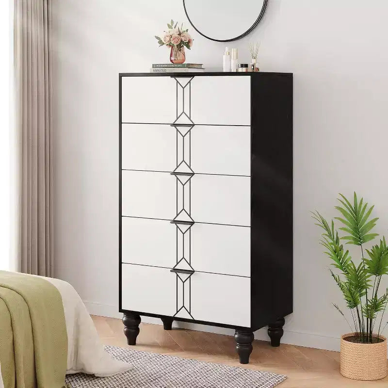 Acekool 5 Drawer Dresser, Modern Chest with Vintage Pattern, Deep Storage Drawers for Bedroom, Living Room, Entryway