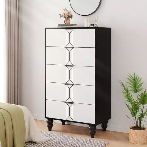 Acekool 5 Drawer Dresser, Modern Chest with Vintage Pattern, Deep Storage Drawers for Bedroom, Living Room, Entryway