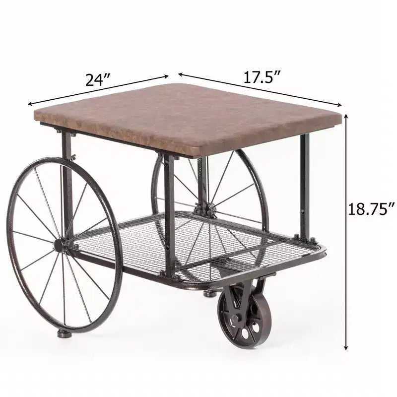 Table basse de style chariot industriel Vintiquewise avec dessus en bois rustique, grandes roues à rayons, étagère en filet, table d'appoint fonctionnelle et porte-revues