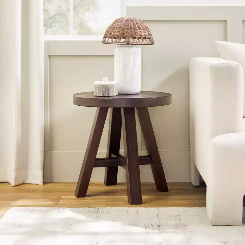 Table d'appoint ronde de 18 pouces en bois massif style ferme moderne