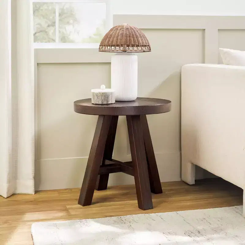 Table d'appoint ronde de 18 pouces en bois massif style ferme moderne