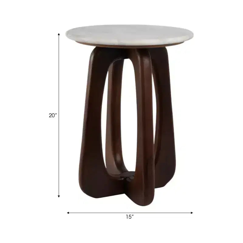 Table d'appoint moderne en bois, marbre et fer, avec base sculpturale ajourée et design géométrique contemporain pour un style raffiné dans les intérieurs.
