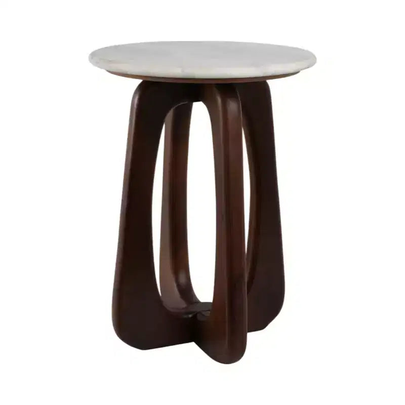 Table d'appoint moderne en bois, marbre et fer, avec base sculpturale ajourée et design géométrique contemporain pour un style raffiné dans les intérieurs.