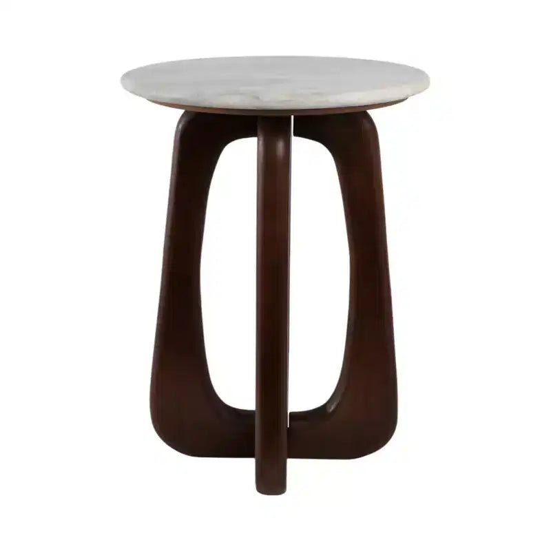 Table d'appoint moderne en bois, marbre et fer, avec base sculpturale ajourée et design géométrique contemporain pour un style raffiné dans les intérieurs.