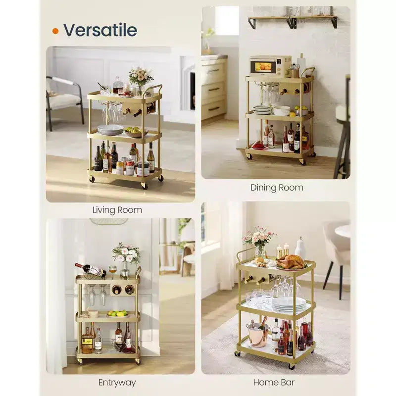 SONGMICS HOME Chariot de bar à 3 niveaux avec casier à vin et porte-verres - Chariot de service mobile, roulettes pivotantes avec freins