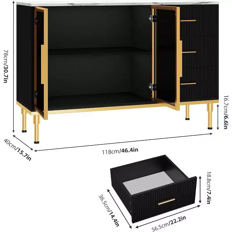 Buffet de salle à manger 46,4 po avec plateau en faux marbre, grand rangement pour la cuisine, doté de 2 portes vitrées, 3 tiroirs, étagères réglables