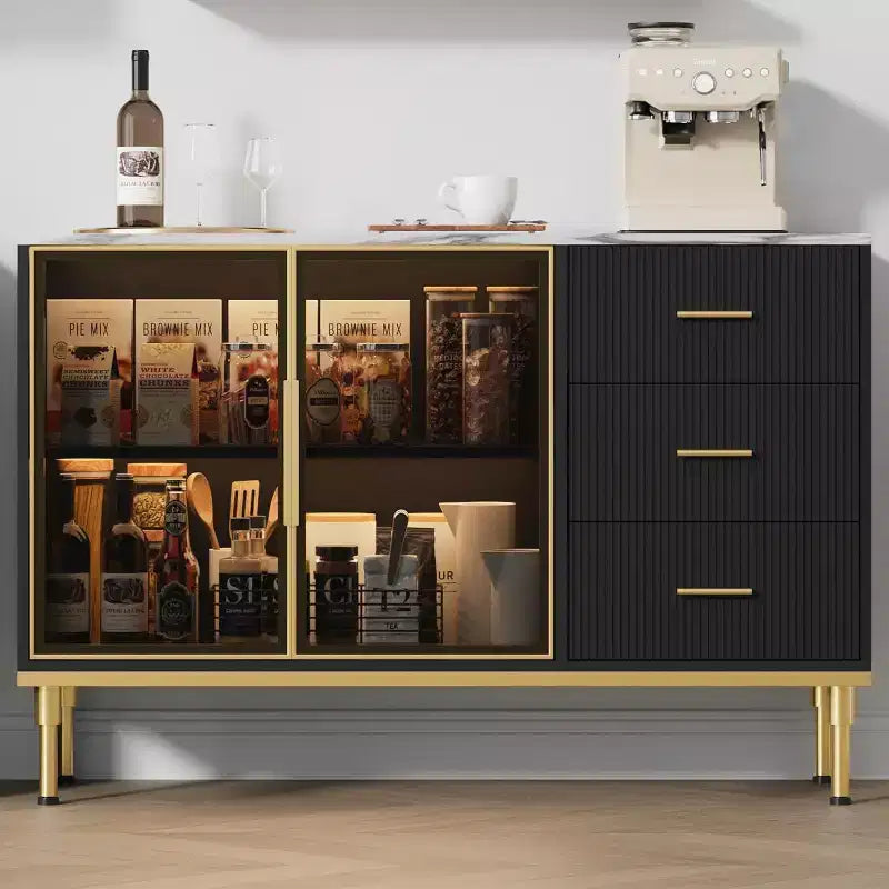 Buffet de salle à manger 46,4 po avec plateau en faux marbre, grand rangement pour la cuisine, doté de 2 portes vitrées, 3 tiroirs, étagères réglables