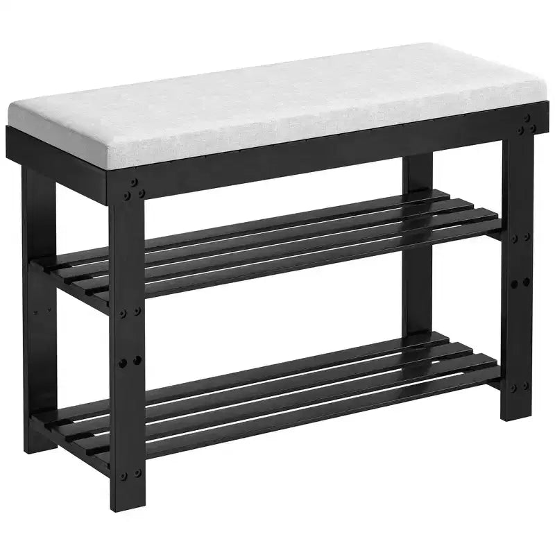 MAYEERTY Étagère à chaussures 3 niveaux, banc à chaussures en bambou pour entrée avec coussin et étagères réglables pour couloir, vestiaire, salon, noir