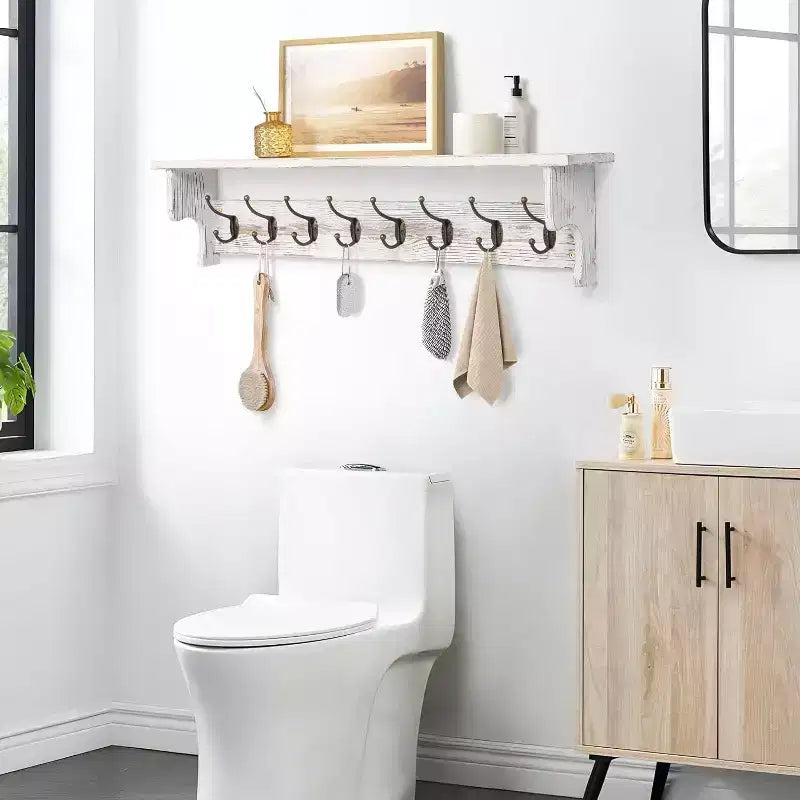 Bekrvio Patère Murale en Bois de 91 cm avec Étagère - Crochets de Manteau Rustiques de Style Ferme Blanc pour Entrée, Salle de Bain, Cuisine, Chambre