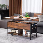 Table basse relevable VEVOR, table basse rectangulaire de 100 cm, table basse relevable avec multiprise, port USB et éclairage d'ambiance pour salon, marron