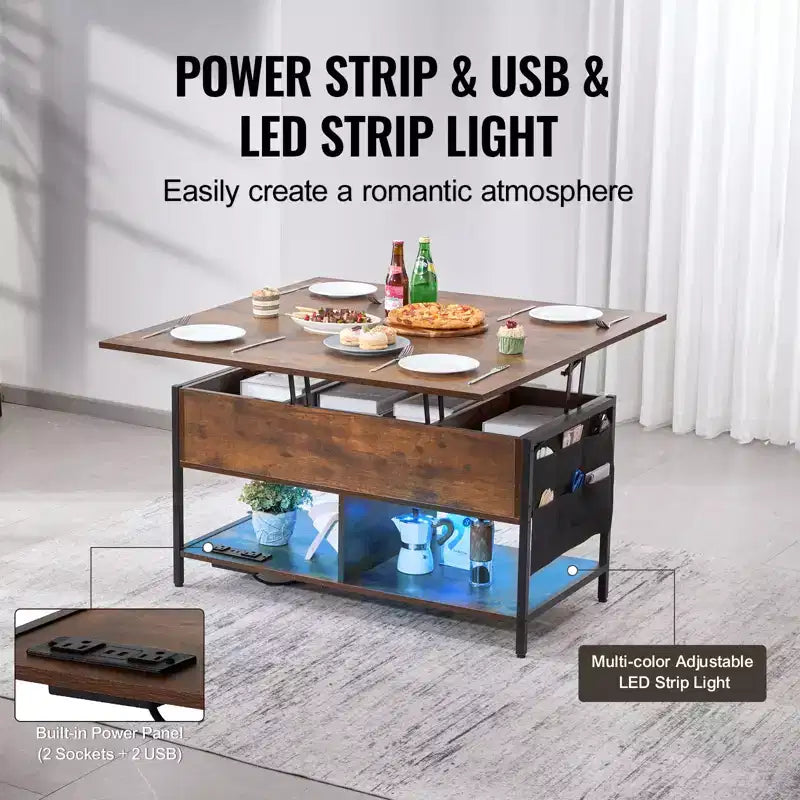 Table basse relevable VEVOR, table basse rectangulaire de 100 cm, table basse relevable avec multiprise, port USB et éclairage d'ambiance pour salon, marron