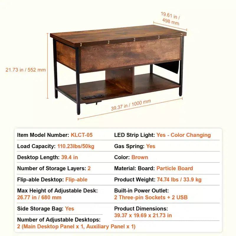 Table basse relevable VEVOR, table basse rectangulaire de 100 cm, table basse relevable avec multiprise, port USB et éclairage d'ambiance pour salon, marron
