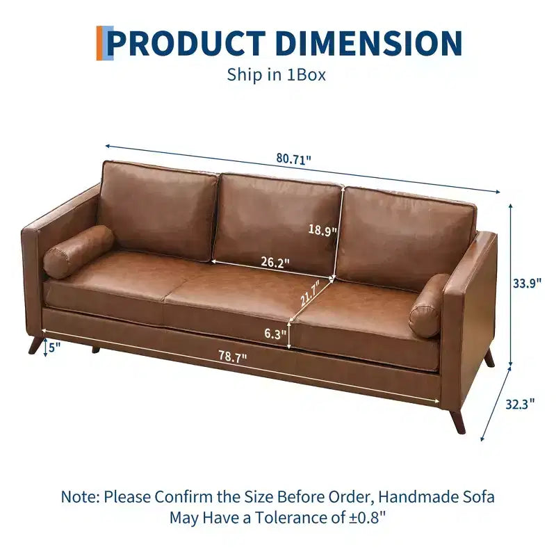 Canapé en Cuir Marron, Canapé Moderne du Milieu du Siècle de 83 po, Canapé 3 Places avec Accoudoirs et Coussins Confortables, Canapés Profonds en Similicuir pour Salon, Chambre, Bureau