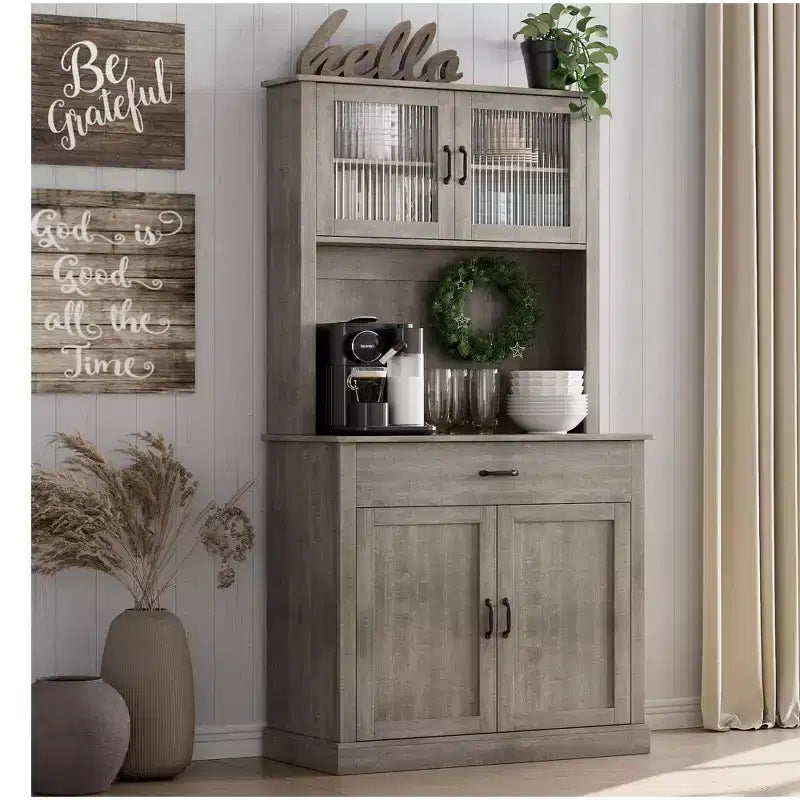 Meuble de rangement de cuisine avec support pour micro-ondes, meuble de cuisine haut autonome de 180 cm avec portes et étagères pour salle à manger