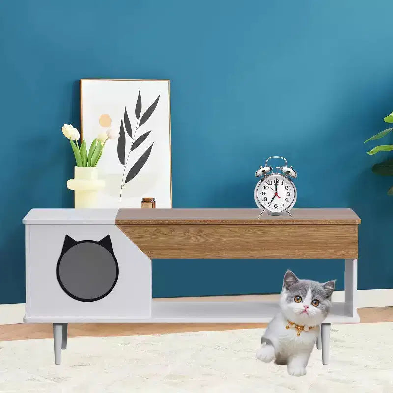 45 Tables Basses de Salon Blanches pour Chat avec Tiroir de Rangement, Table Basse Rustique en Bois avec Maisonnette pour Chat, Meuble Cache Litière pour Chat