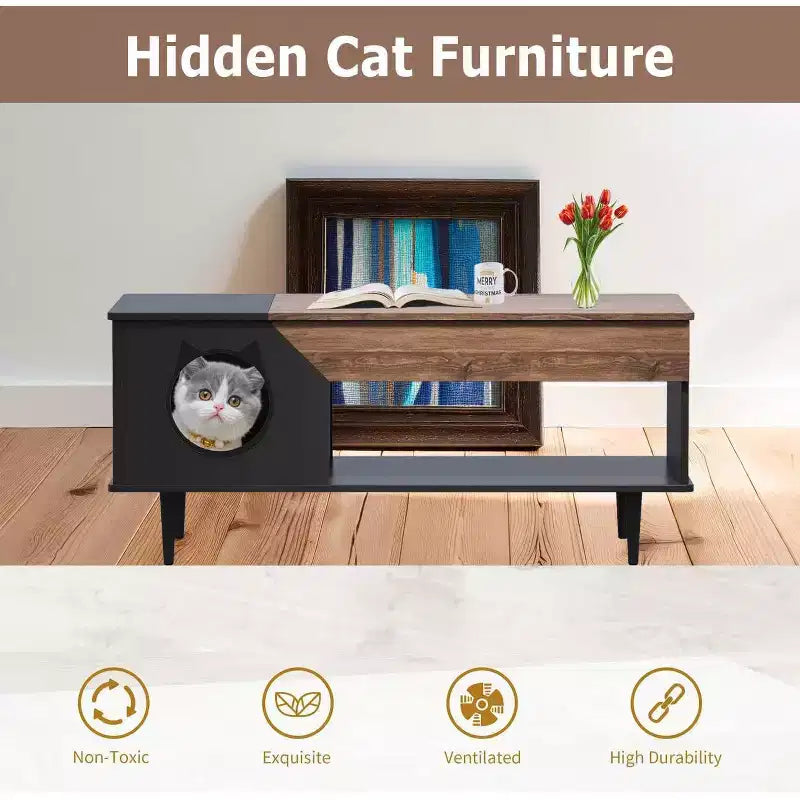 45 Tables Basses de Salon Blanches pour Chat avec Tiroir de Rangement, Table Basse Rustique en Bois avec Maisonnette pour Chat, Meuble Cache Litière pour Chat