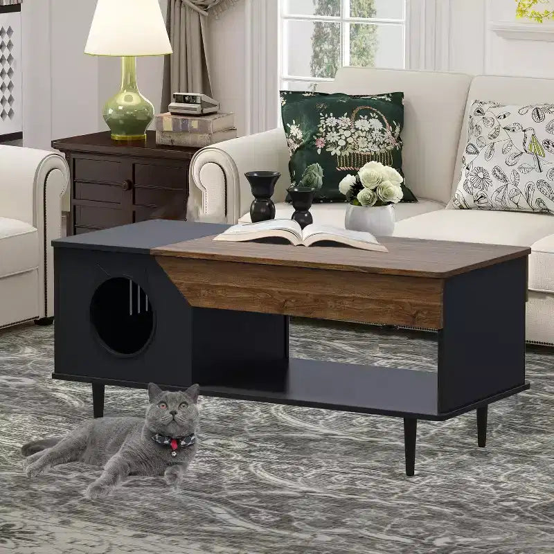 45 Tables Basses de Salon Blanches pour Chat avec Tiroir de Rangement, Table Basse Rustique en Bois avec Maisonnette pour Chat, Meuble Cache Litière pour Chat