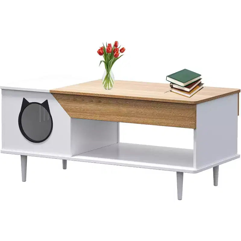 45 Tables Basses de Salon Blanches pour Chat avec Tiroir de Rangement, Table Basse Rustique en Bois avec Maisonnette pour Chat, Meuble Cache Litière pour Chat
