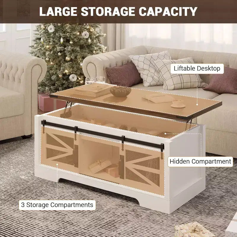 Table basse GustoWave avec plateau relevable, table basse de ferme avec porte coulissante et rangement caché pour salon