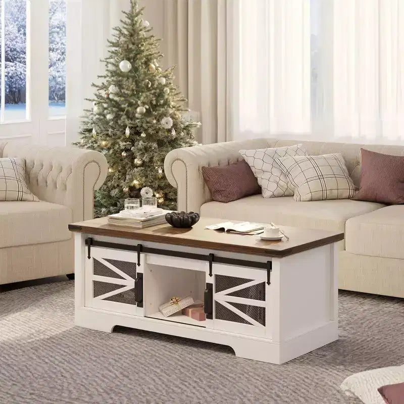 Table basse GustoWave avec plateau relevable, table basse de ferme avec porte coulissante et rangement caché pour salon