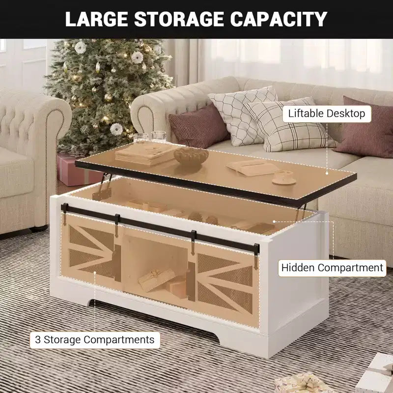 Table basse GustoWave avec plateau relevable, table basse de ferme avec porte coulissante et rangement caché pour salon