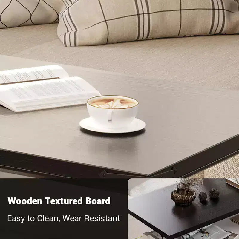 Table basse GustoWave avec plateau relevable, table basse de ferme avec porte coulissante et rangement caché pour salon
