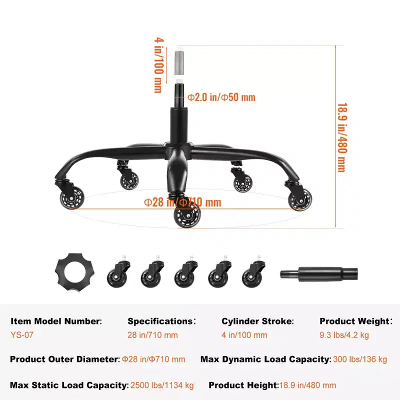 Base de rechange pour chaise de bureau VEVOR, 28", capacité de charge statique de 2500 lb, pièce de base universelle robuste pour chaise de bureau d'ordinateur, noire