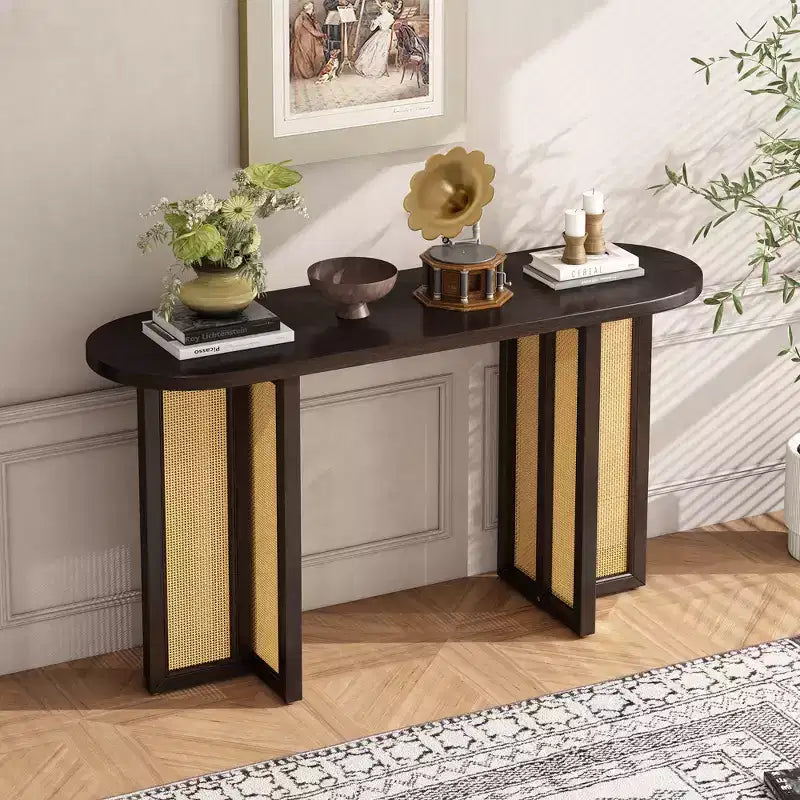 MAYEERTY Table Console Étroite en Rotin avec Rangement pour Salon Couloir Espresso