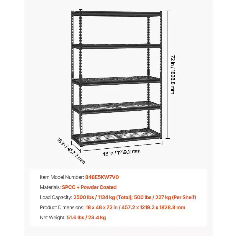 Étagères de Rangement VEVOR, 1134 kg, Étagère de Garage Robuste à 5 Niveaux, Étagères Métalliques Ajustables 45,7 P x 121,9 L x 182,9 H, Noires