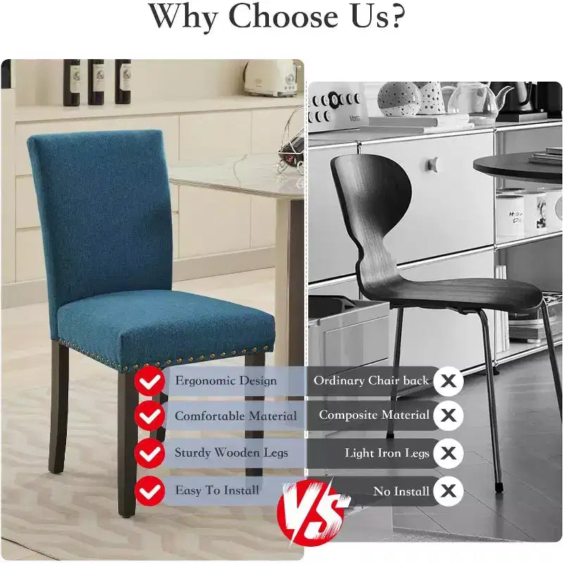 Lot de 2 chaises de salle à manger, chaises rembourrées pour salle à manger, chaises de cuisine en tissu avec pieds en bois cloutés et coussin rembourré, pour salon