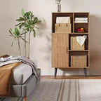 Petite bibliothèque à 4 niveaux de style Mid-Century avec pieds, étagère basse en bois autoportante avec porte, organisateur de rangement cube multifonctionnel en noyer