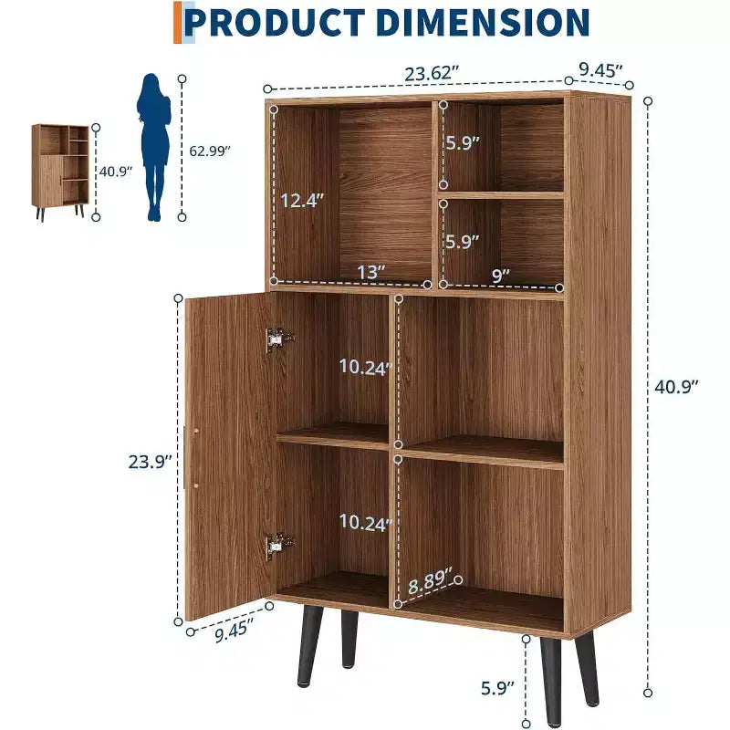 Petite bibliothèque à 4 niveaux de style Mid-Century avec pieds, étagère basse en bois autoportante avec porte, organisateur de rangement cube multifonctionnel en noyer