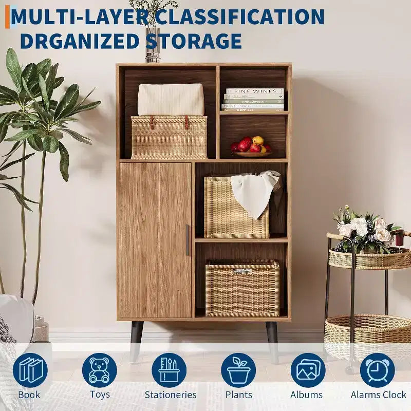 Petite bibliothèque à 4 niveaux de style Mid-Century avec pieds, étagère basse en bois autoportante avec porte, organisateur de rangement cube multifonctionnel en noyer