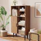 Petite bibliothèque à 4 niveaux de style Mid-Century avec pieds, étagère basse en bois autoportante avec porte, organisateur de rangement cube multifonctionnel en noyer