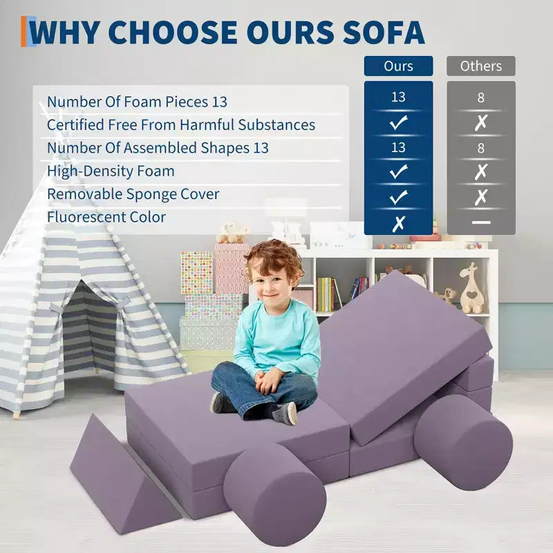 Canapé modulable GustoWave pour enfants avec housses en velours lavables, 13 pièces, château fort, canapé convertible en mousse pour enfant