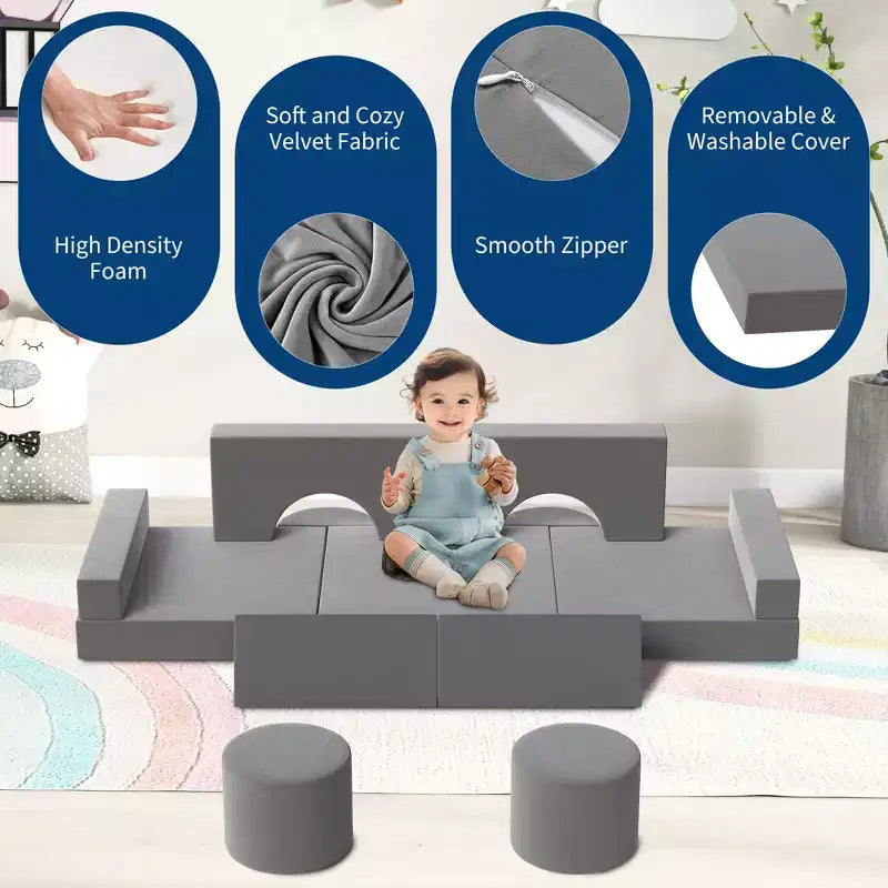 Canapé modulable GustoWave pour enfants avec housses en velours lavables, 13 pièces, château fort, canapé convertible en mousse pour enfant