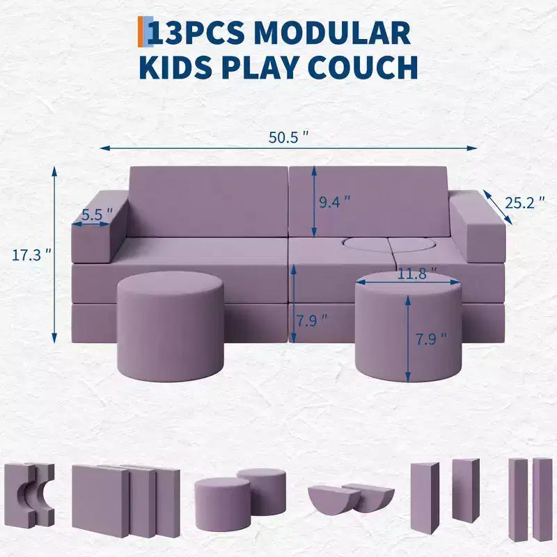 Canapé modulable GustoWave pour enfants avec housses en velours lavables, 13 pièces, château fort, canapé convertible en mousse pour enfant