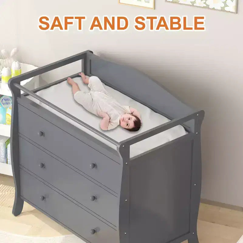 Table à langer à 3 tiroirs, table à langer en bois, commode à langer pour bébé avec 3 tiroirs, barrière de sécurité et sangle pour chambre à coucher, chambre de bébé