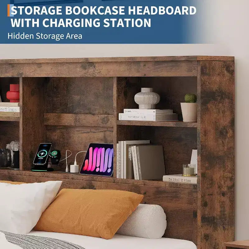 Cadre de lit Acekool complet - Tête de lit de rangement de 51" avec station de charge