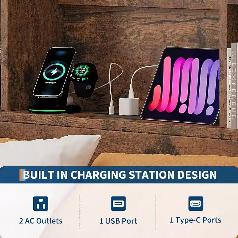 Cadre de lit Acekool complet - Tête de lit de rangement de 51" avec station de charge