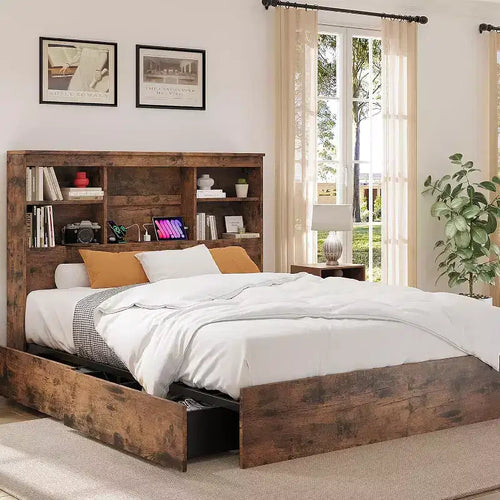 Acekool Vintage Storage Bed - Bookcase Headboard & 4 Drawers