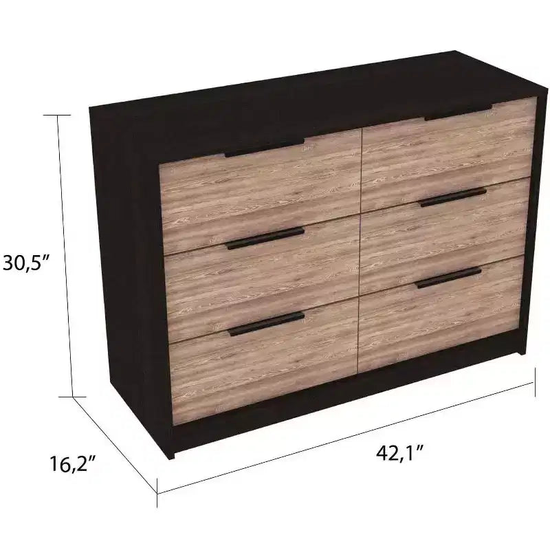 Commode Okak moderne 6 tiroirs 2 tons avec 4 tiroirs à extension complète et 2 armoires abattantes, organisateur de chambre rectangulaire