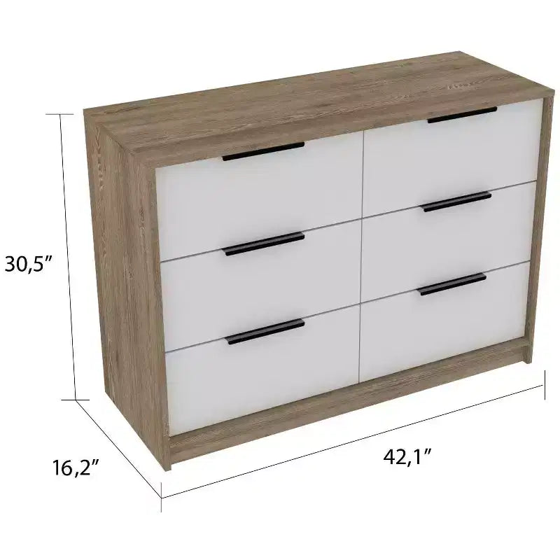 Commode Okak moderne 6 tiroirs 2 tons avec 4 tiroirs à extension complète et 2 armoires abattantes, organisateur de chambre rectangulaire