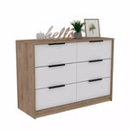 Commode Okak moderne 6 tiroirs 2 tons avec 4 tiroirs à extension complète et 2 armoires abattantes, organisateur de chambre rectangulaire
