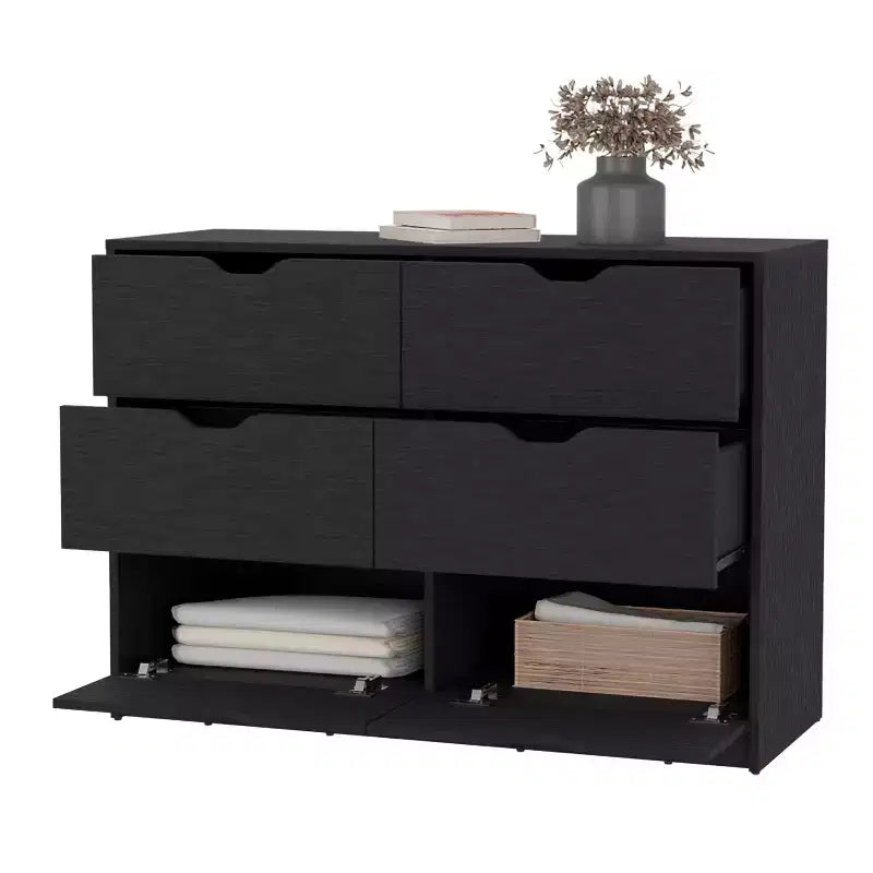 Commode Okak moderne 6 tiroirs 2 tons avec 4 tiroirs à extension complète et 2 armoires abattantes, organisateur de chambre rectangulaire