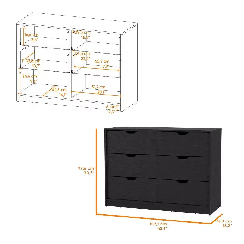 Commode Okak moderne 6 tiroirs 2 tons avec 4 tiroirs à extension complète et 2 armoires abattantes, organisateur de chambre rectangulaire