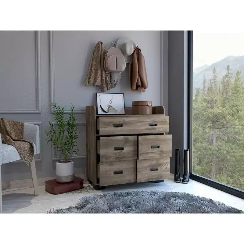 Commode de chambre moderne Okak avec 1 double tiroir et 4 tiroirs simples, grand meuble de rangement pour salon, couloir, entrée