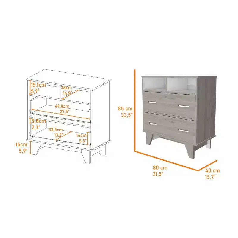 Commode de chambre élégante Okak avec 2 tiroirs et 2 étagères, grand placard de rangement pour salon, couloir, entrée