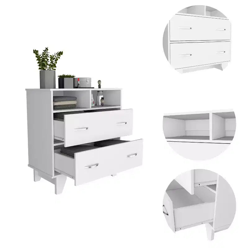 Commode de chambre élégante Okak avec 2 tiroirs et 2 étagères, grand placard de rangement pour salon, couloir, entrée