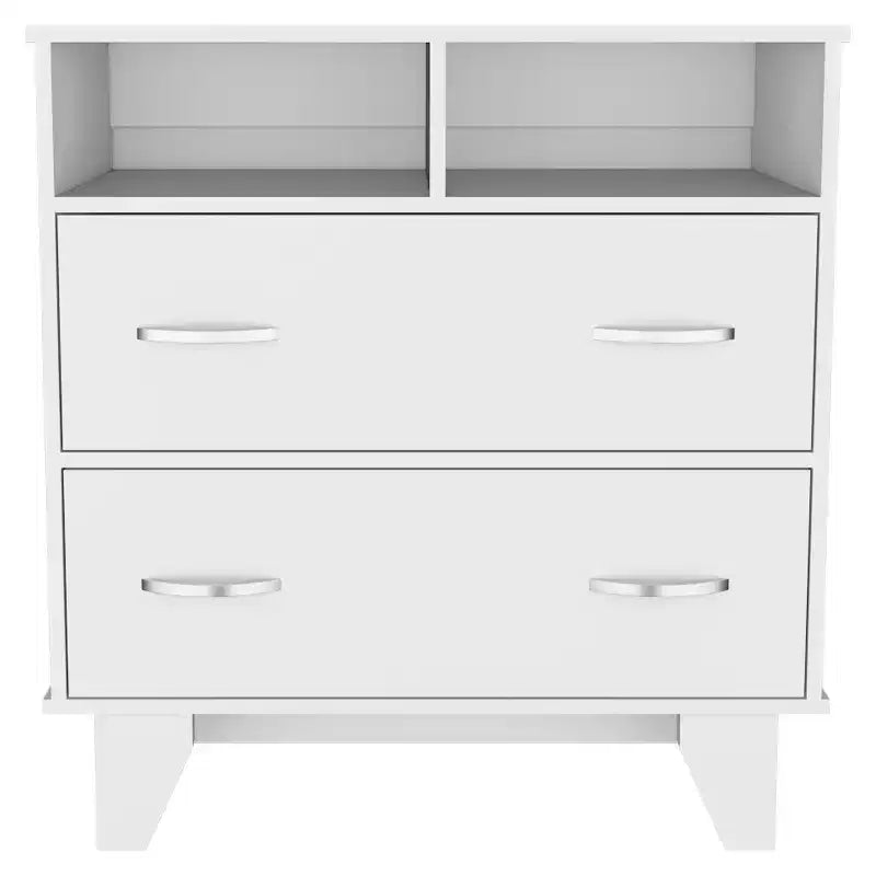 Commode de chambre élégante Okak avec 2 tiroirs et 2 étagères, grand placard de rangement pour salon, couloir, entrée